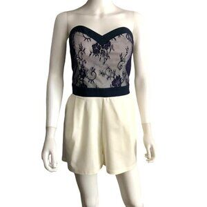 NWT Paper Doll Navy Lace and Cream Strapless Short Romper 10